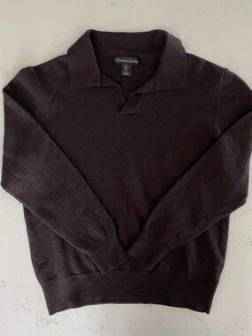 Christian Lacroix Luxury LS Extra Fine Merino Wool Collared Sweater Brown Sz L